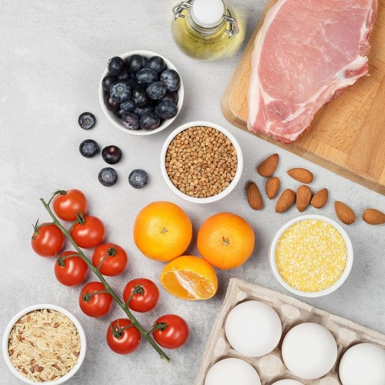 Variety of nutritious foods neatly arranged.